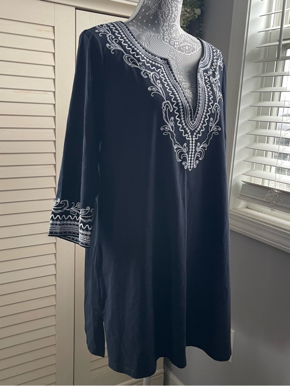 Lane Bryant black Tunic with White Embroidered V-Neck